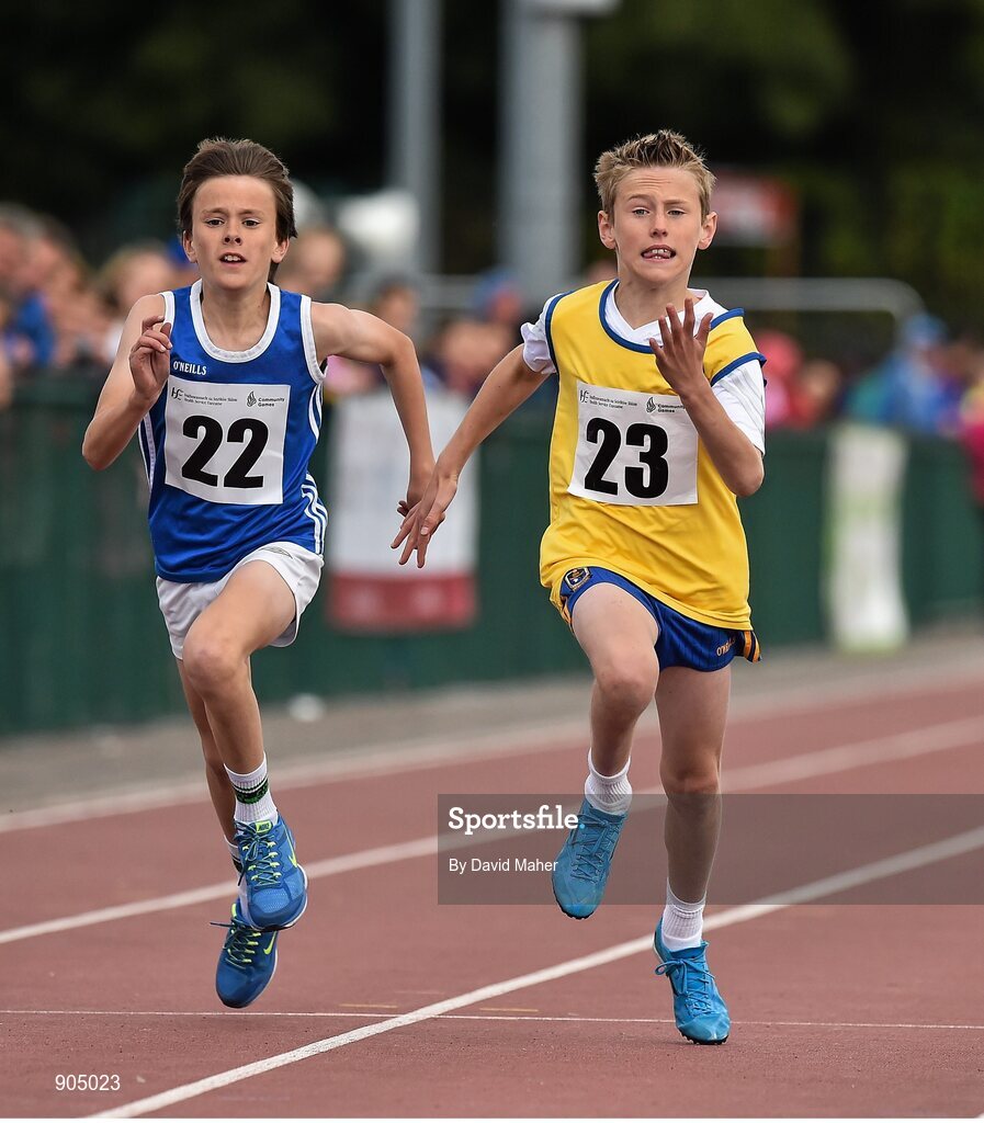 24 August 2014; David McDonnell, Strokestown, Co.Roscommon, right, and Sean Hickey, Ballyduff, Co.Waterford, in action during the semi Final of the Boys U.12 100metres . HSE Community Games August Festival 2014, Athlone Institute of Technology, Athlone, Co. Westmeath.  Picture credit: David Maher / SPORTSFILE