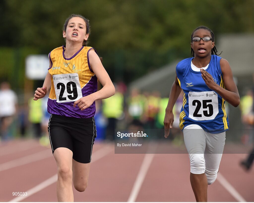 24 August 2014; Sabia Doyle, Clonard, Co. Wexford, left,  with Yemi Talabi,  Mostrim, Co. Longford, in action during the semi Final of the Girls U.12 100 metres. HSE Community Games August Festival 2014, Athlone Institute of Technology, Athlone, Co. Westmeath.  Picture credit: David Maher / SPORTSFILE