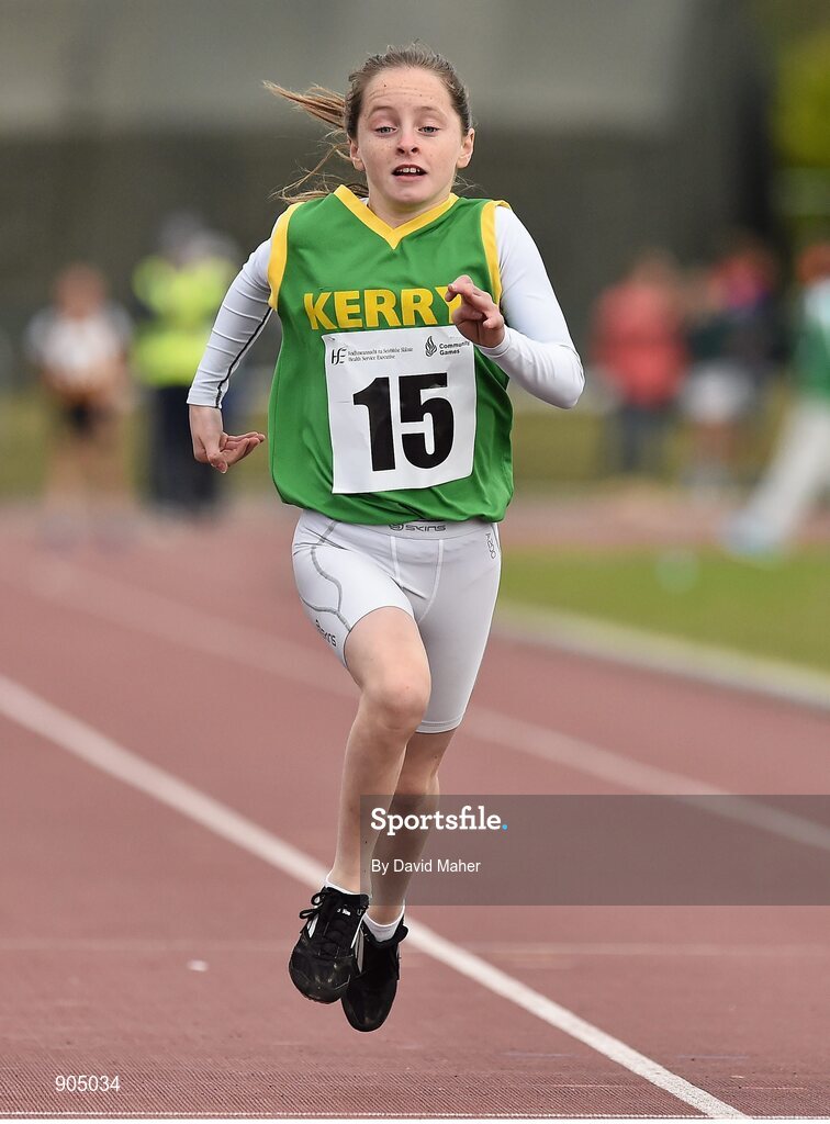24 August 2014; Aoife Horgan, Listowel, Co. Kerry, in action during the semi Final of the Girls U.12 100 metres. HSE Community Games August Festival 2014, Athlone Institute of Technology, Athlone, Co. Westmeath.  Picture credit: David Maher / SPORTSFILE
