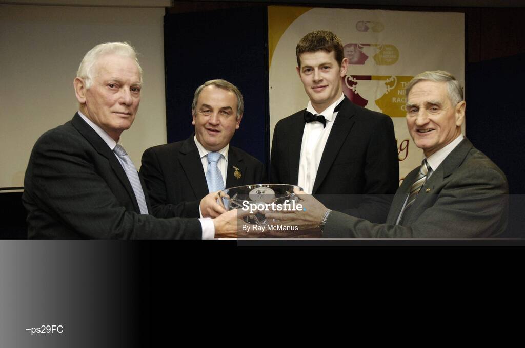 18 November 2006; Malachy Molloy, Antrim, is presented with his 'Fair Play' award by GAA President Nickey Brennan, accompanied by 'Legends' winners Jimmy Smyth, Clare, left, and Donie Nealon, Tipperary, right, at the 2006 Christy Ring / Nicky Rackard Cups "Champion 15" Awards. Croke Park, Dublin. Picture credit: Ray McManus / SPORTSFILE
