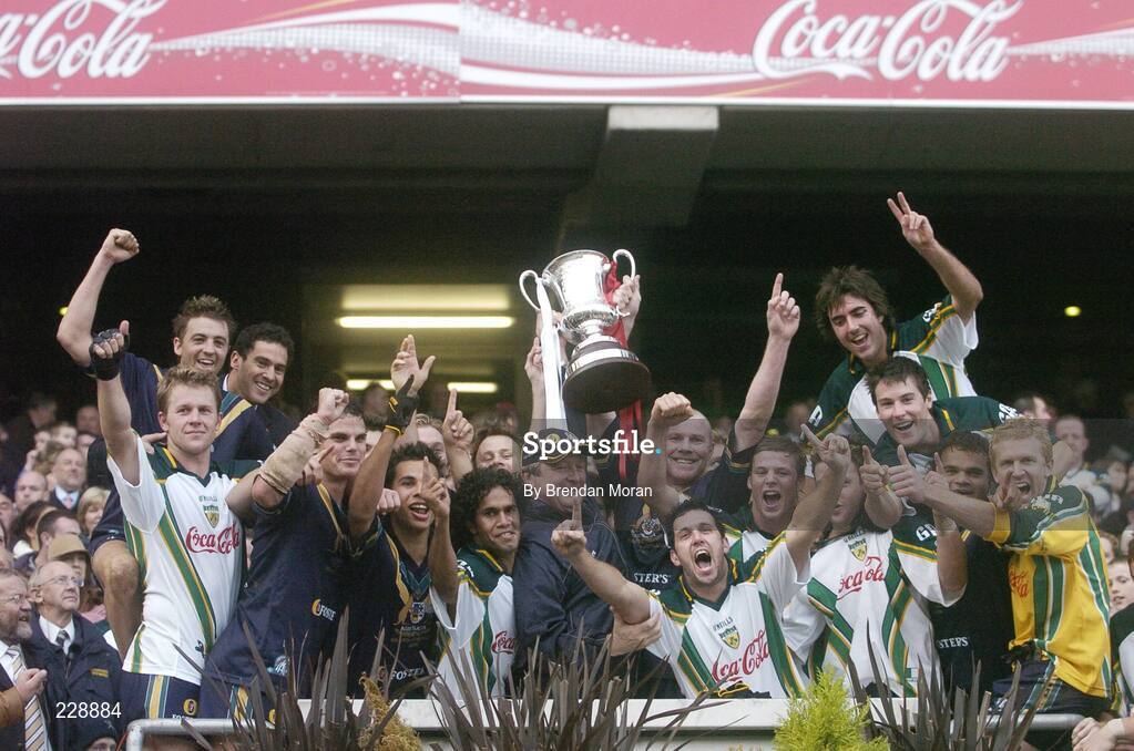 5 November 2006; The Australia team celebrate with the Cormac McAnallen Cup after the game. Coca-Cola International Rules Series 2006, Second Test, Ireland v Australia, Croke Park, Dublin. Picture credit: Brendan Moran / SPORTSFILE