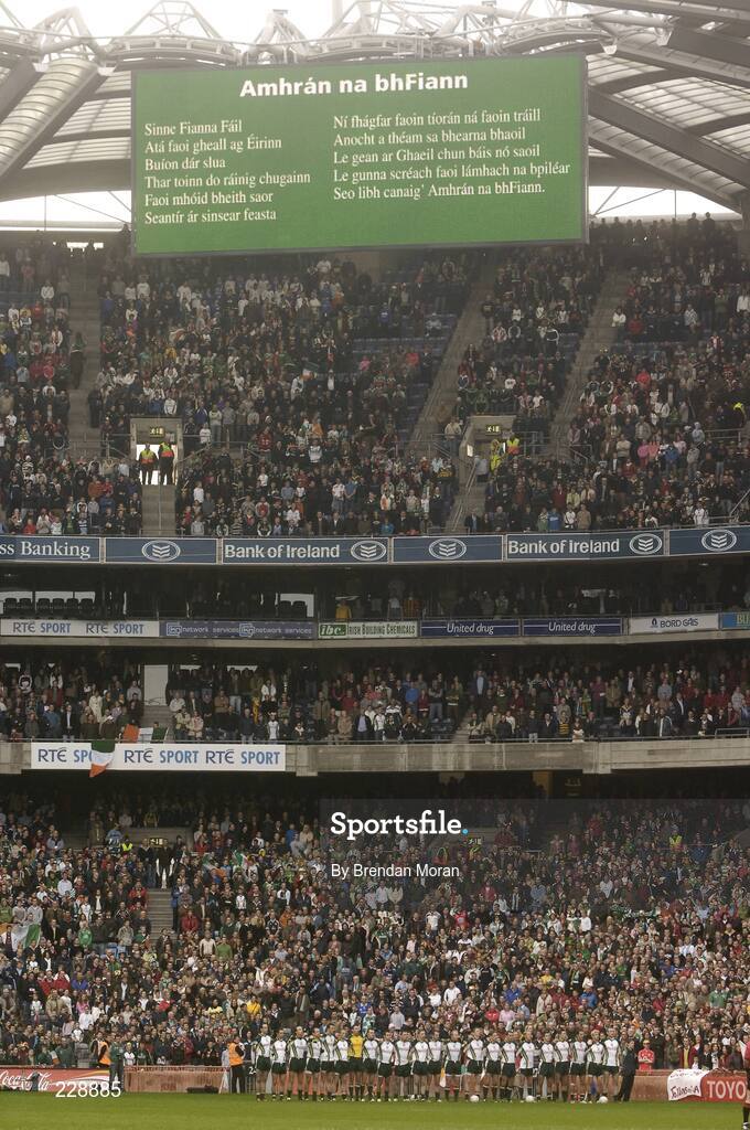 5 November 2006; The Irish team stand for the national anthem before the game. Coca-Cola International Rules Series 2006, Second Test, Ireland v Australia, Croke Park, Dublin. Picture credit: Brendan Moran / SPORTSFILE