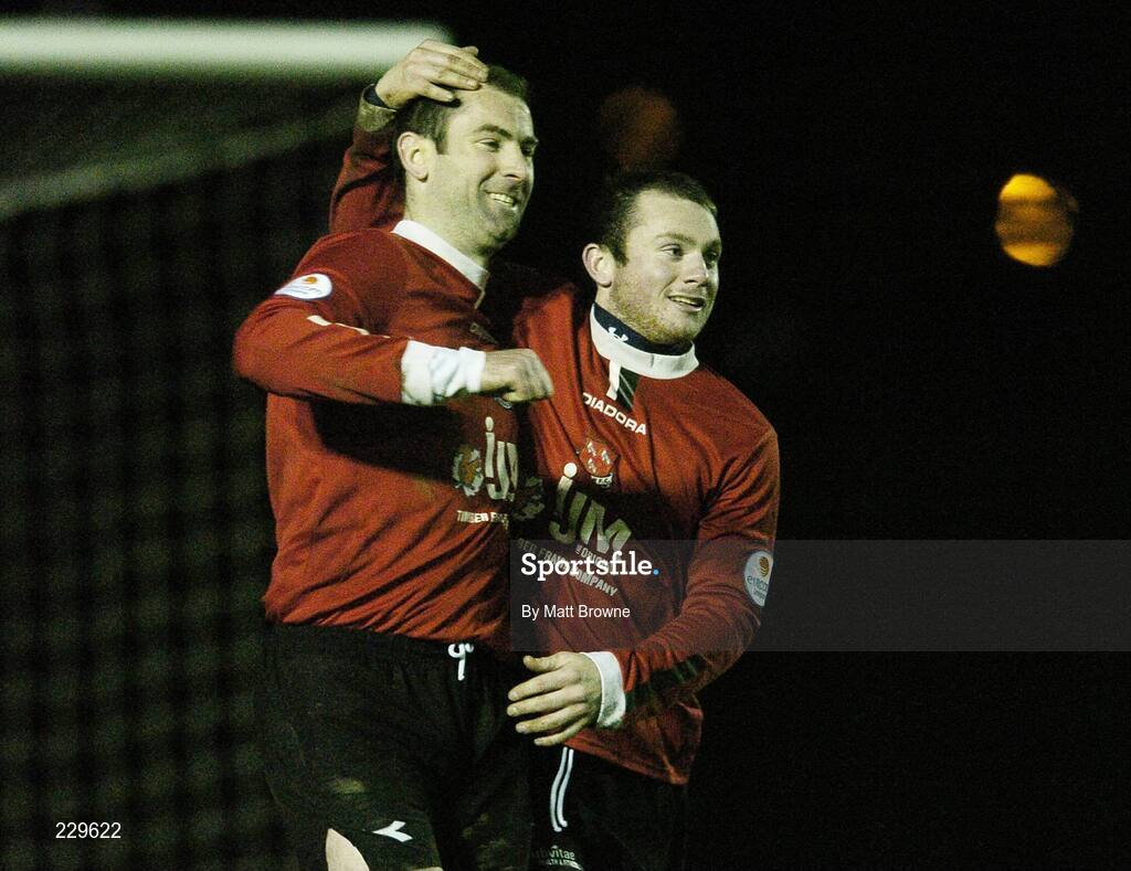 25 November 2006; Trevor Vaughan, left, Dundalk, celebrates scoring from the penalty spot with team-mate Chris Doran, eircom League Premier Division / First Division Playoff 2nd Leg, Waterford United v Dundalk, RSC, Waterford. Picture credit: Matt Browne / SPORTSFILE