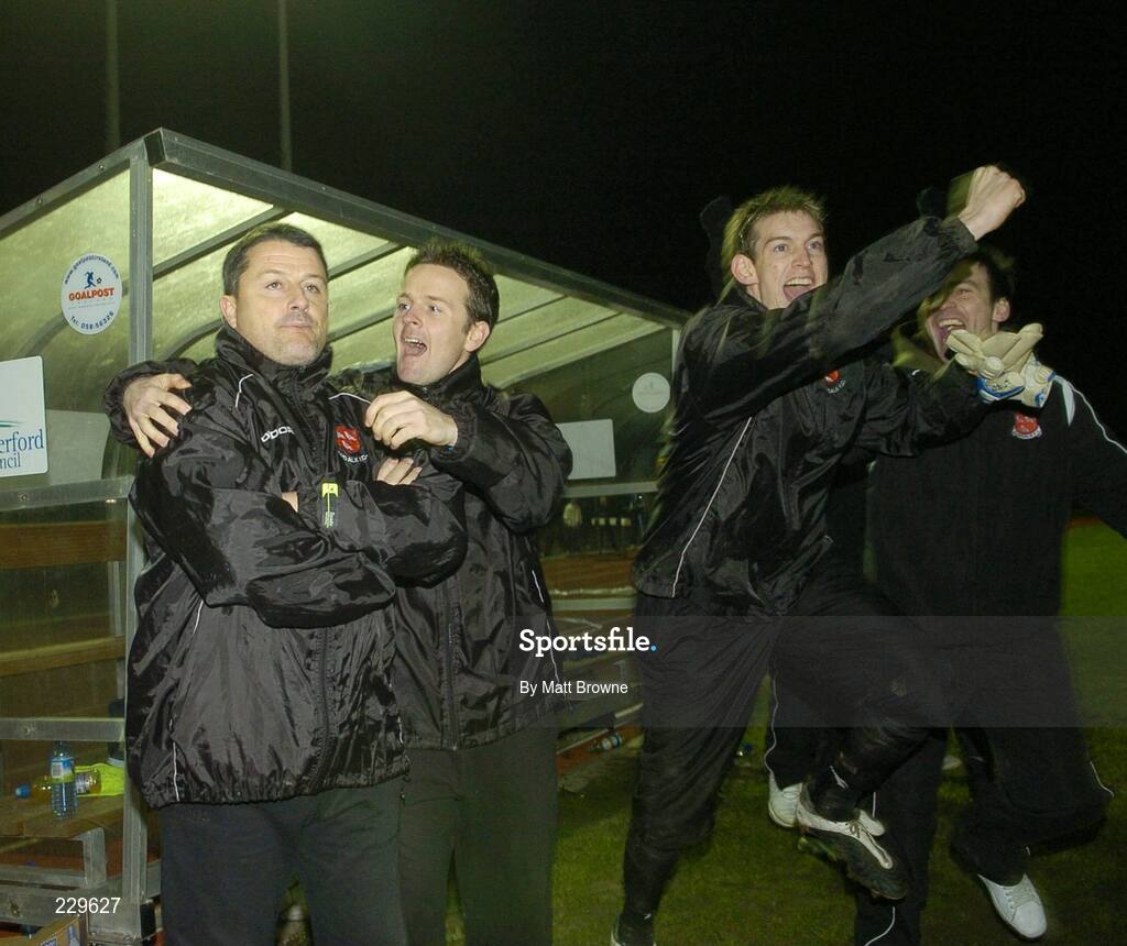 25 November 2006; Dundalk manager John Gill, left, is congratulated by Colm O'Neill after the final whistle. eircom League Premier Division / First Division Playoff 2nd Leg, Waterford United v Dundalk, RSC, Waterford. Picture credit: Matt Browne / SPORTSFILE