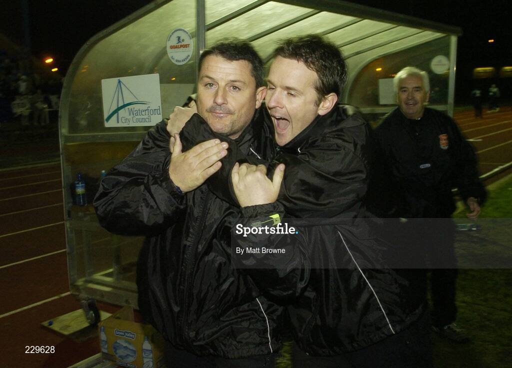 25 November 2006; Dundalk manager John Gill, left, is congratulated by Colm O'Neill after the final whistle. eircom League Premier Division / First Division Playoff 2nd Leg, Waterford United v Dundalk, RSC, Waterford. Picture credit: Matt Browne / SPORTSFILE