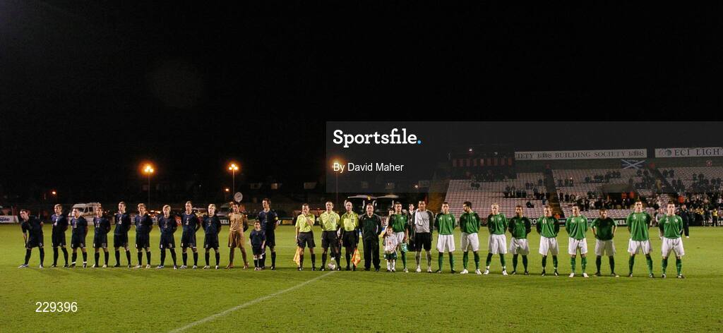 14 November 2006; The Republic of Ireland 'B' and Scotland 'B' teams line up before the start of the game. 'B' International, Republic of Ireland 'B' v Scotland 'B', Dalymount Park, Dublin. Picture credit: David Maher / SPORTSFILE
