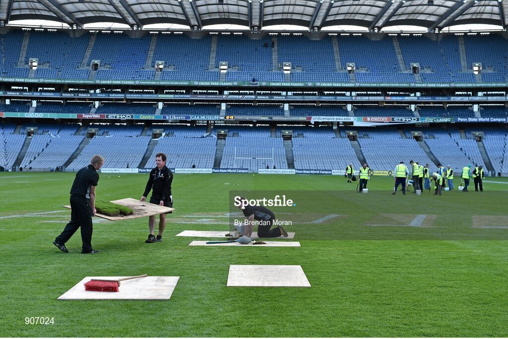 30 August 2014; Croke Park groundstaff prepare the pitch after the Croke Park Classic College American Football game . GAA Football All Ireland Senior Championship, Semi-Final, Dublin v Donegal, Croke Park, Dublin. Picture credit: Brendan Moran / SPORTSFILE