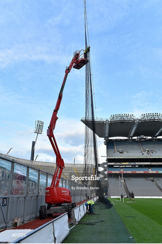 30 August 2014; Croke Park groundstaff prepare the stadium after the Croke Park Classic College American Football game. GAA Football All Ireland Senior Championship, Semi-Final, Dublin v Donegal, Croke Park, Dublin. Picture credit: Brendan Moran / SPORTSFILE