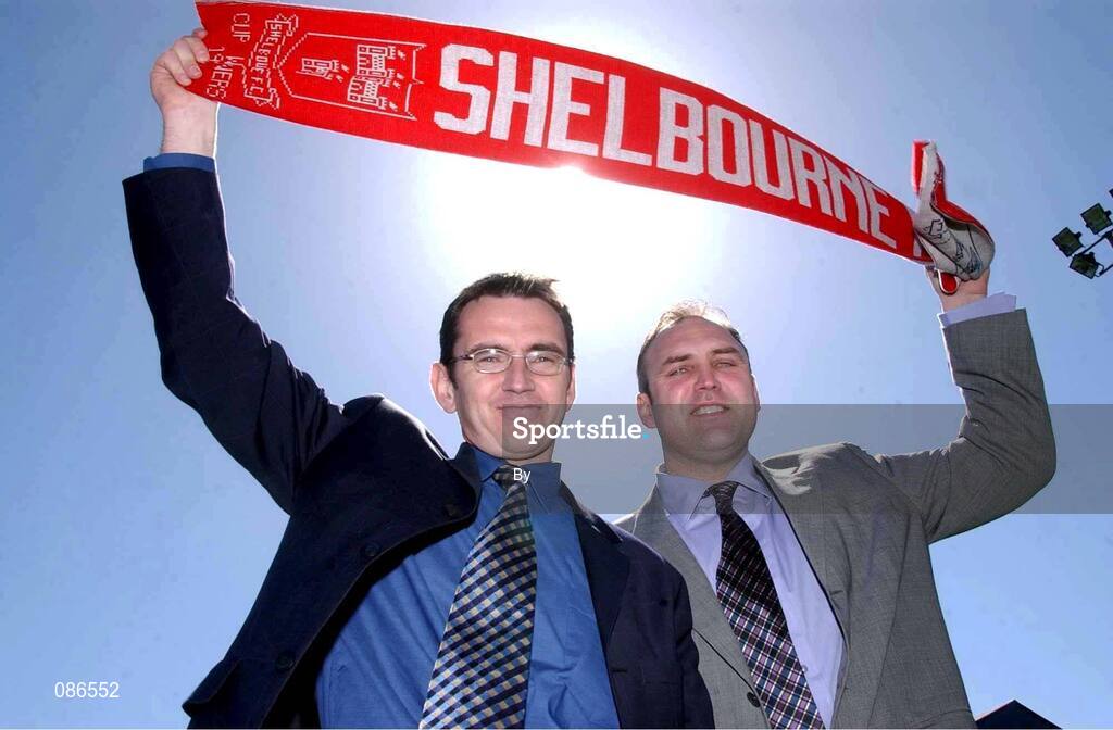 26 April 2002; The Shelbourne F.C. manager Pat Fenlon pictured with his assistant Johnny McDonnell, right, after a press conference at Tolka Park, Dublin to announce their appointments. Soccer. Picture credit; David Maher / SPORTSFILE *EDI*