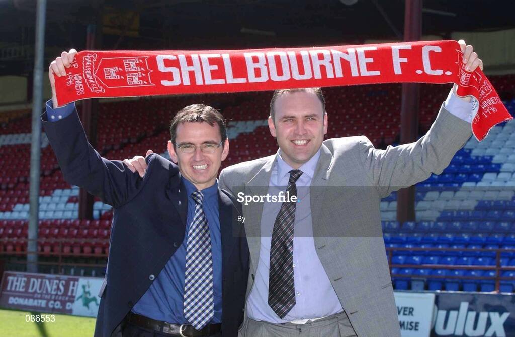 26 April 2002; The Shelbourne F.C. manager Pat Fenlon pictured with his assistant Johnny McDonnell, right, after a press conference at Tolka Park, Dublin to announce their appointments. Soccer. Picture credit; David Maher / SPORTSFILE *EDI*