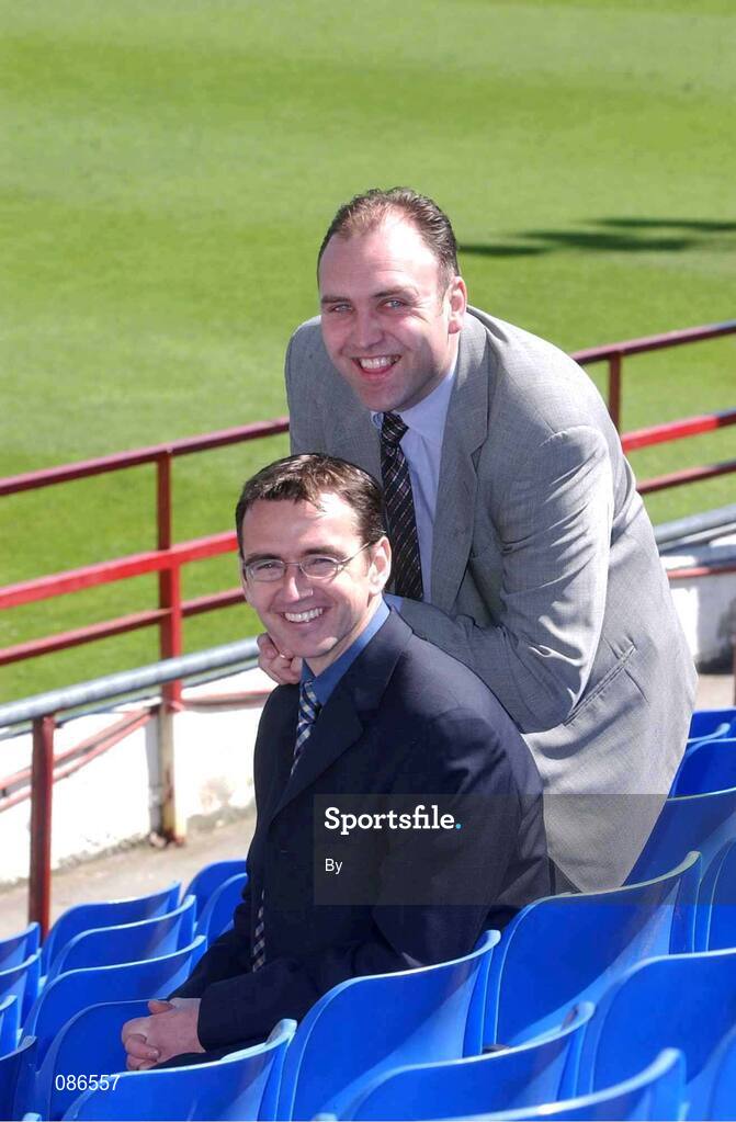 26 April 2002; Shelbourne F.C. manager Pat Fenlon pictured with his assistant Johnny McDonnell, right, after a press conference in Tolka Park, Dublin, to announce their appointments. Picture credit; David Maher / SPORTSFILE *EDI*