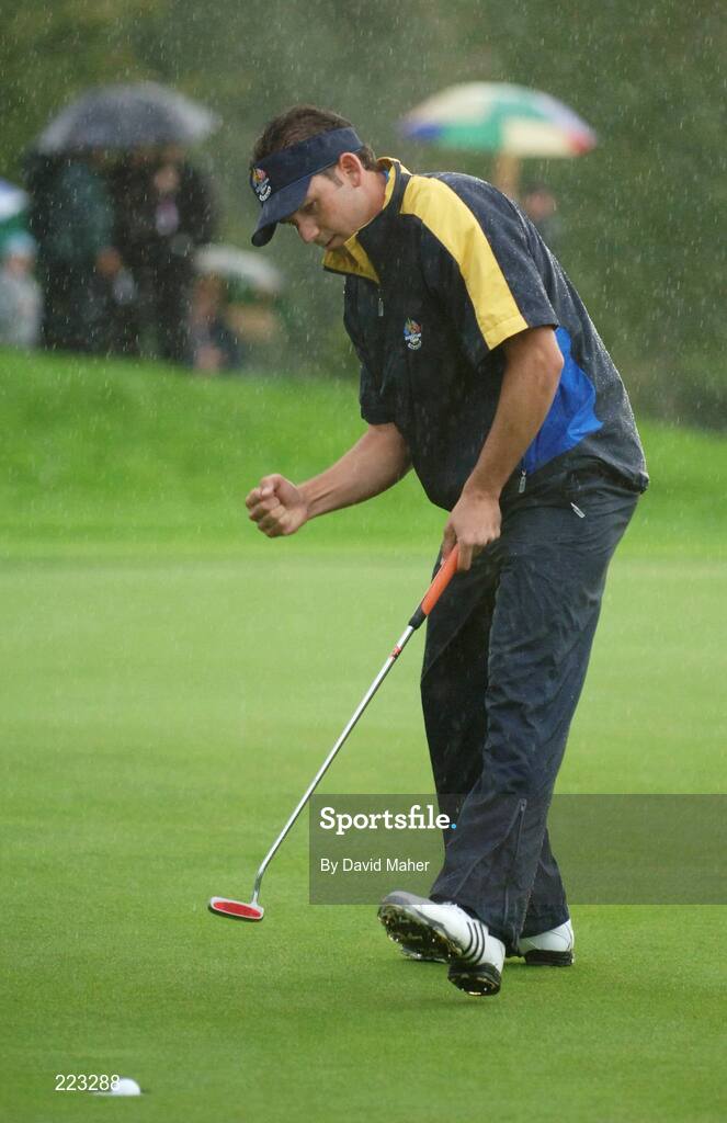 23 September 2006; Sergio Garcia, Team Europe 2006, reacts as the ball drops in to win the third hole against Phil Mickelson / Chris DiMarco during Saturday morning's four-ball matches. 36th Ryder Cup Matches, K Club, Straffan, Co. Kildare, Ireland. Picture credit: David Maher / SPORTSFILE