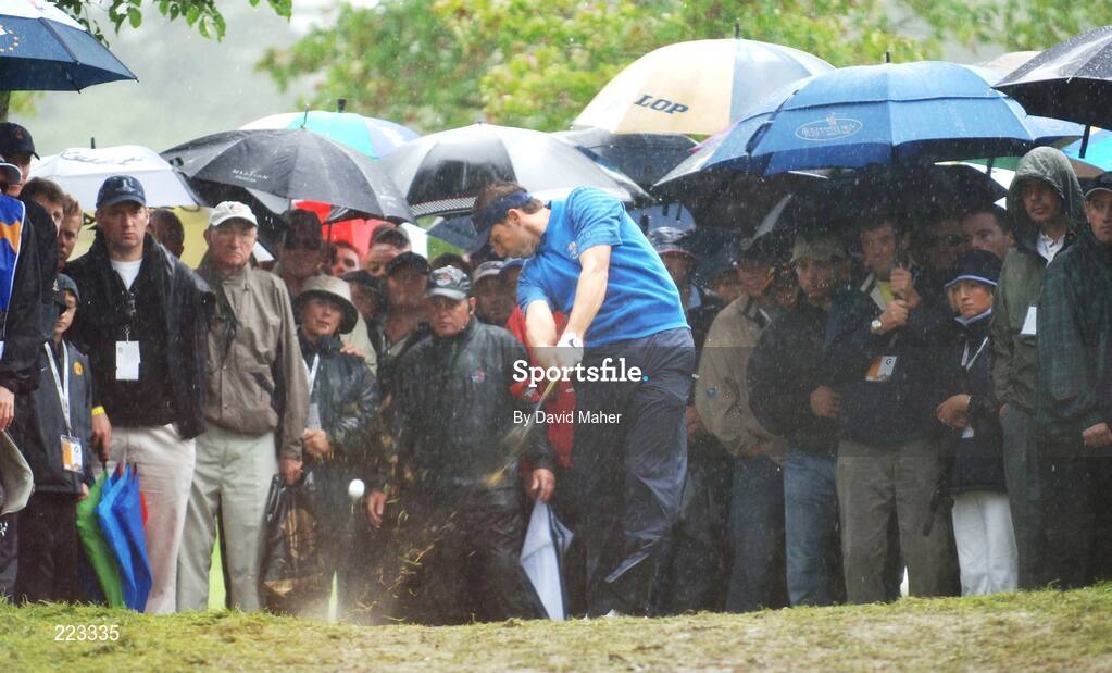 23 September 2006; Sergio Garcia, Team Europe 2006, plays his second shot from the spectator area on the 16th hole during Saturday morning's four-ball matches. 36th Ryder Cup Matches, K Club, Straffan, Co. Kildare, Ireland. Picture credit: David Maher / SPORTSFILE