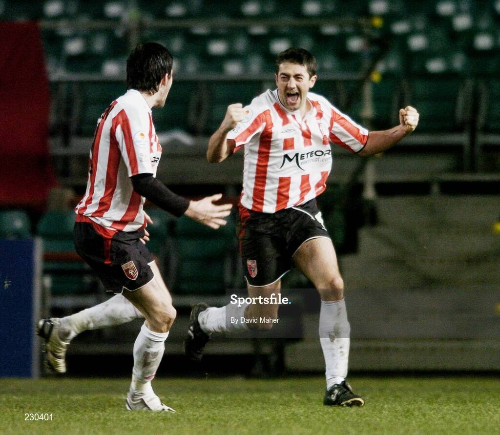 3 December 2006; Peter Hutton, right, Derry City, celebrates after scoring his side's third goal with team-mate Killian Brennan. FAI Carlsberg Senior Challenge Cup Final, Derry City v St Patrick's Athletic, Lansdowne Road, Dublin. Picture credit: David Maher / SPORTSFILE