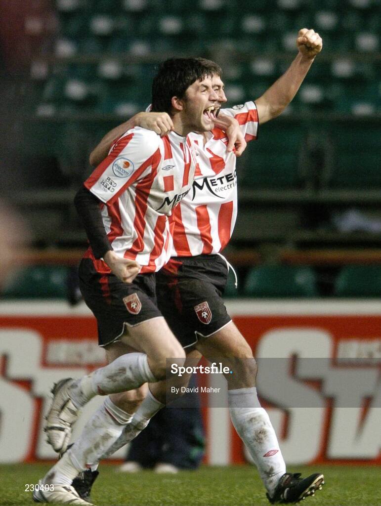 3 December 2006; Peter Hutton, right, Derry City, celebrates after scoring his side's third goal with team-mate Killian Brennan. FAI Carlsberg Senior Challenge Cup Final, Derry City v St Patrick's Athletic, Lansdowne Road, Dublin. Picture credit: David Maher / SPORTSFILE