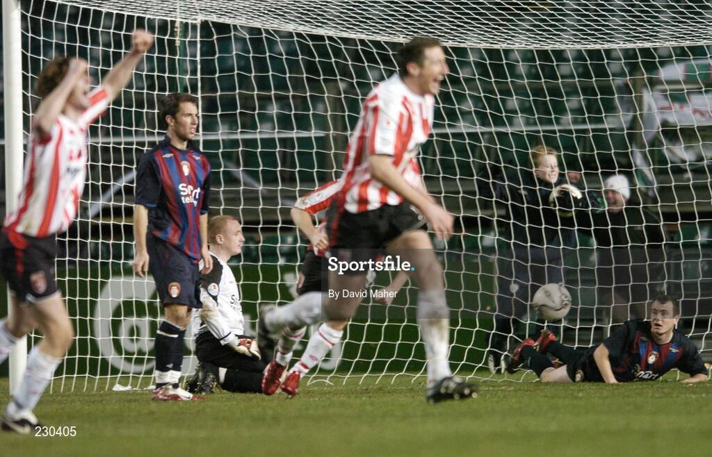 3 December 2006; Michael Foley, far right, goalkeeper Barry Ryan, and Sean O'Connor, St Patrick's Athletic, fail to keep out the ball from a deflected shot from their team-mate Stephen Brennan, out of picture, for the winning goal for Derry City. FAI Carlsberg Senior Challenge Cup Final, Derry City v St Patrick's Athletic, Lansdowne Road, Dublin. Picture credit: David Maher / SPORTSFILE