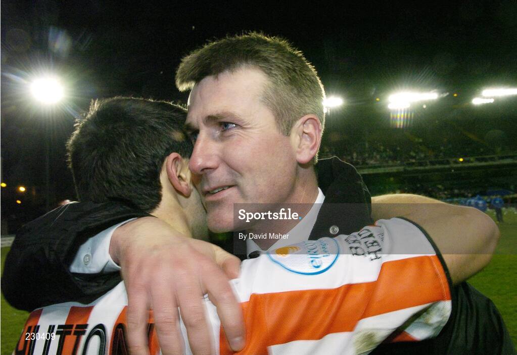 3 December 2006; Derry City manager Stephen Kenny, with captain Peter Hutton, celebrate at the end of the game. FAI Carlsberg Senior Challenge Cup Final, Derry City v St Patrick's Athletic, Lansdowne Road, Dublin. Picture credit: David Maher / SPORTSFILE