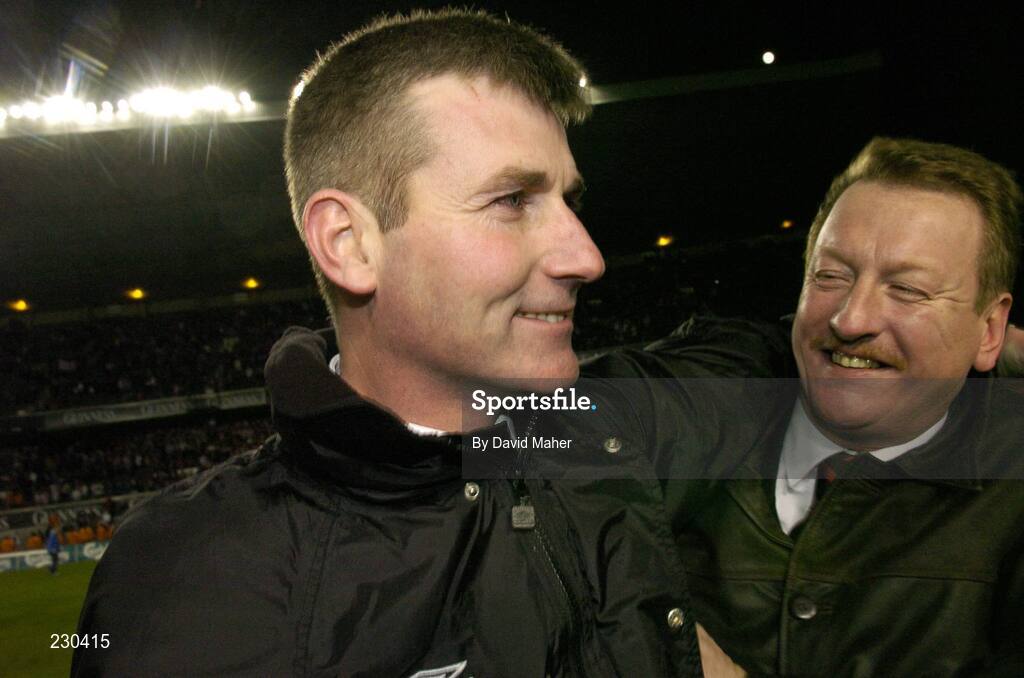 3 December 2006; Derry City's Stephen Kenny celebrates at the end of the game with club chairman Jim Roddy. FAI Carlsberg Senior Challenge Cup Final, Derry City v St Patrick's Athletic, Lansdowne Road, Dublin. Picture credit: David Maher / SPORTSFILE