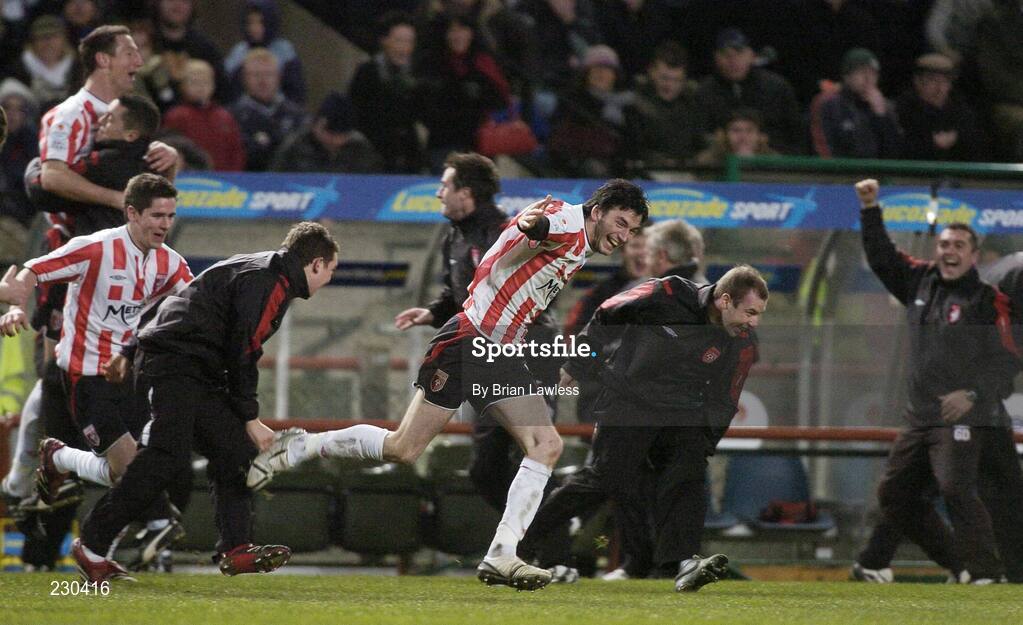 3 December 2006; Derry City's Killian Brennan celebrates the winning goal, an own goal scored by St. Patrick's Athletic's Stephen Brennan. FAI Carlsberg Senior Challenge Cup Final, Derry City v St Patrick's Athletic, Lansdowne Road, Dublin. Picture credit: Brian Lawless / SPORTSFILE