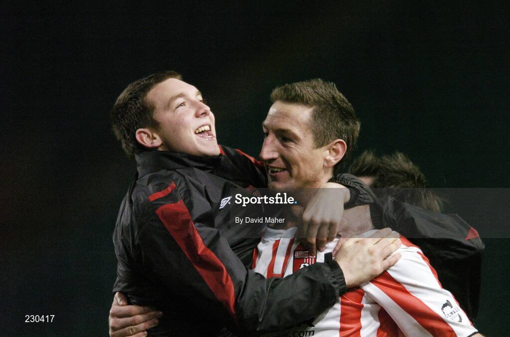 3 December 2006; Derry City's Clive Delaney celebrates with team-mate Kevin Deery at the end of the game. FAI Carlsberg Senior Challenge Cup Final, Derry City v St Patrick's Athletic, Lansdowne Road, Dublin. Picture credit: David Maher / SPORTSFILE