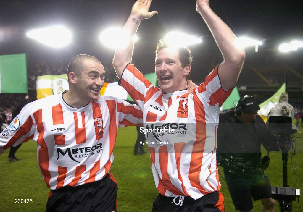 3 December 2006; Derry City's Sean Hargan, left, and Barry Molloy, celebrate after the match. FAI Carlsberg Senior Challenge Cup Final, Derry City v St Patrick's Athletic, Lansdowne Road, Dublin. Picture credit: Brian Lawless / SPORTSFILE