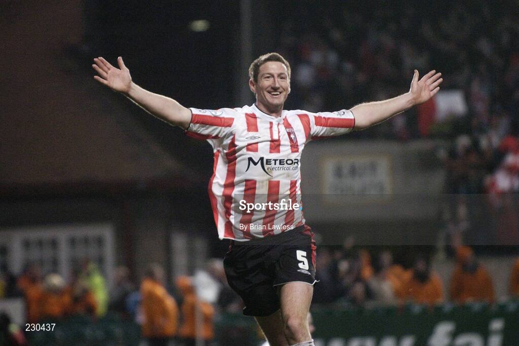 3 December 2006; Derry City's Clive Delaney celebrates scoring his side's second goal to take the match to extra time. FAI Carlsberg Senior Challenge Cup Final, Derry City v St Patrick's Athletic, Lansdowne Road, Dublin. Picture credit: Brian Lawless / SPORTSFILE