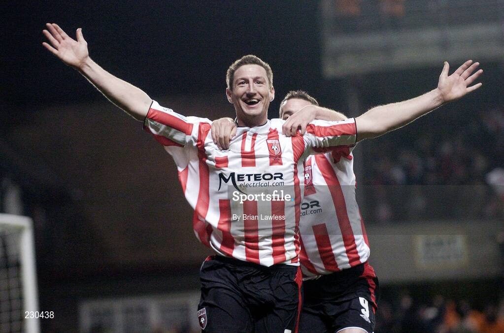 3 December 2006; Derry City's Clive Delaney celebrates with team-mate Gary Becket after scoring his side's second goal to take the match to extra time. FAI Carlsberg Senior Challenge Cup Final, Derry City v St Patrick's Athletic, Lansdowne Road, Dublin. Picture credit: Brian Lawless / SPORTSFILE