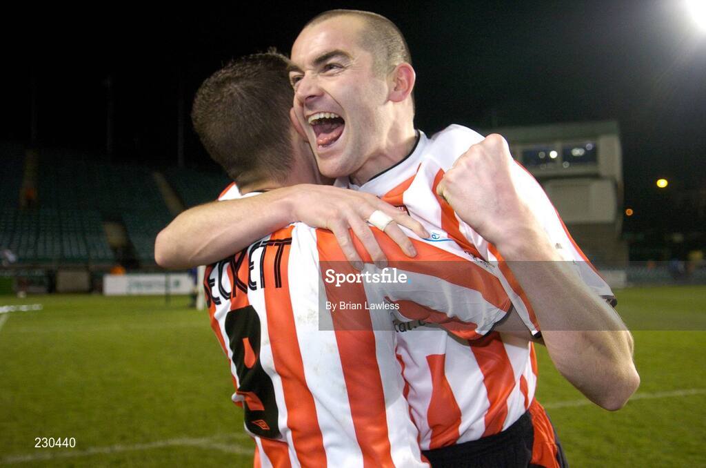 3 December 2006; Sean Hargan, Derry City, celebrates with team-mate Gary Beckett after the match. FAI Carlsberg Senior Challenge Cup Final, Derry City v St Patrick's Athletic, Lansdowne Road, Dublin. Picture credit: Brian Lawless / SPORTSFILE