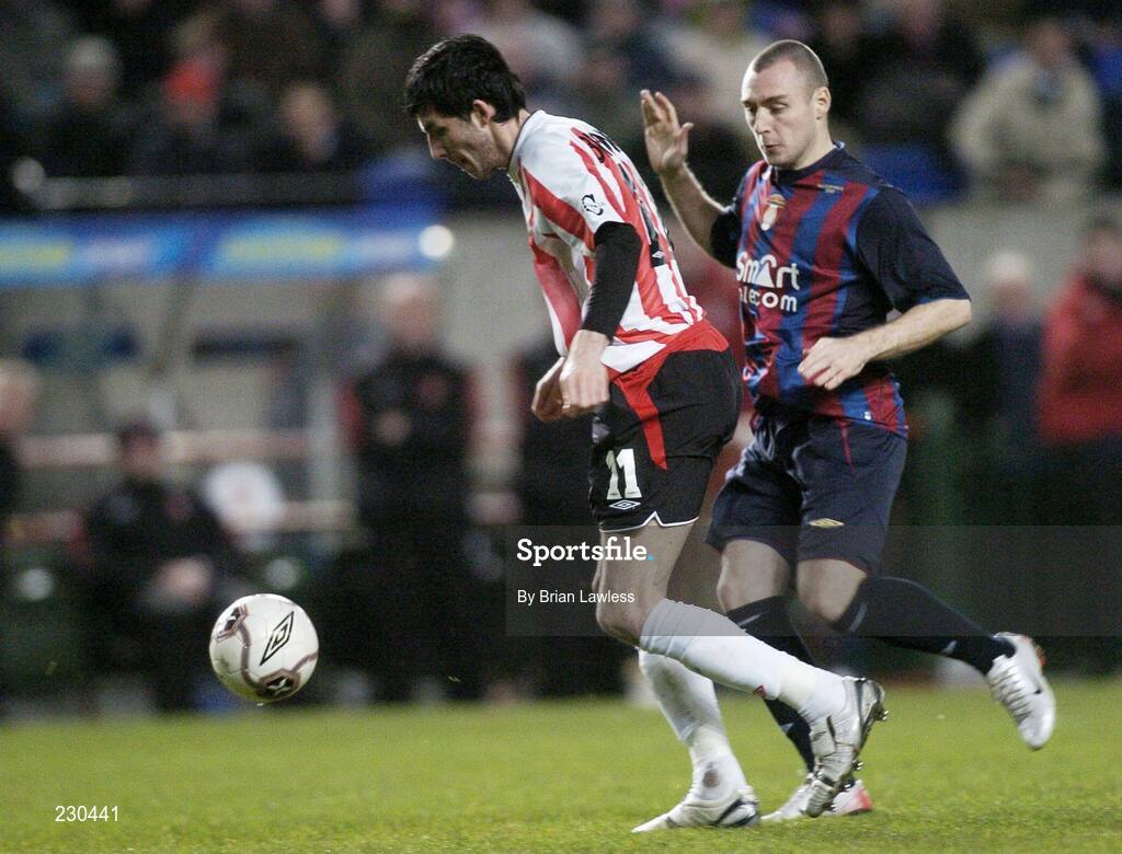 3 December 2006; Killian Brennan, Derry City, in action against Mark Quigley, St Patrick's Athletic. FAI Carlsberg Senior Challenge Cup Final, Derry City v St Patrick's Athletic, Lansdowne Road, Dublin. Picture credit: Brian Lawless / SPORTSFILE