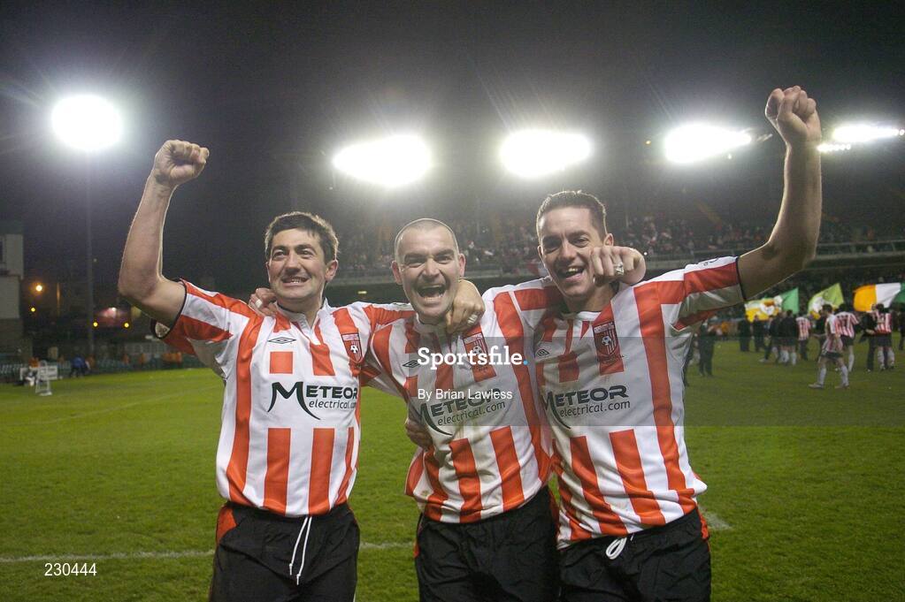 3 December 2006; Derry City players, left to right, Peter Hutton, Sean Hargan, and Gary Beckett, celebrate after the match. FAI Carlsberg Senior Challenge Cup Final, Derry City v St Patrick's Athletic, Lansdowne Road, Dublin. Picture credit: Brian Lawless / SPORTSFILE