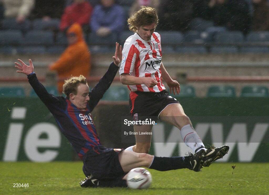 3 December 2006; Patrick McCourt, Derry City, in action against Stephen Quigley, St Patrick's Athletic. FAI Carlsberg Senior Challenge Cup Final, Derry City v St Patrick's Athletic, Lansdowne Road, Dublin. Picture credit: Brian Lawless / SPORTSFILE