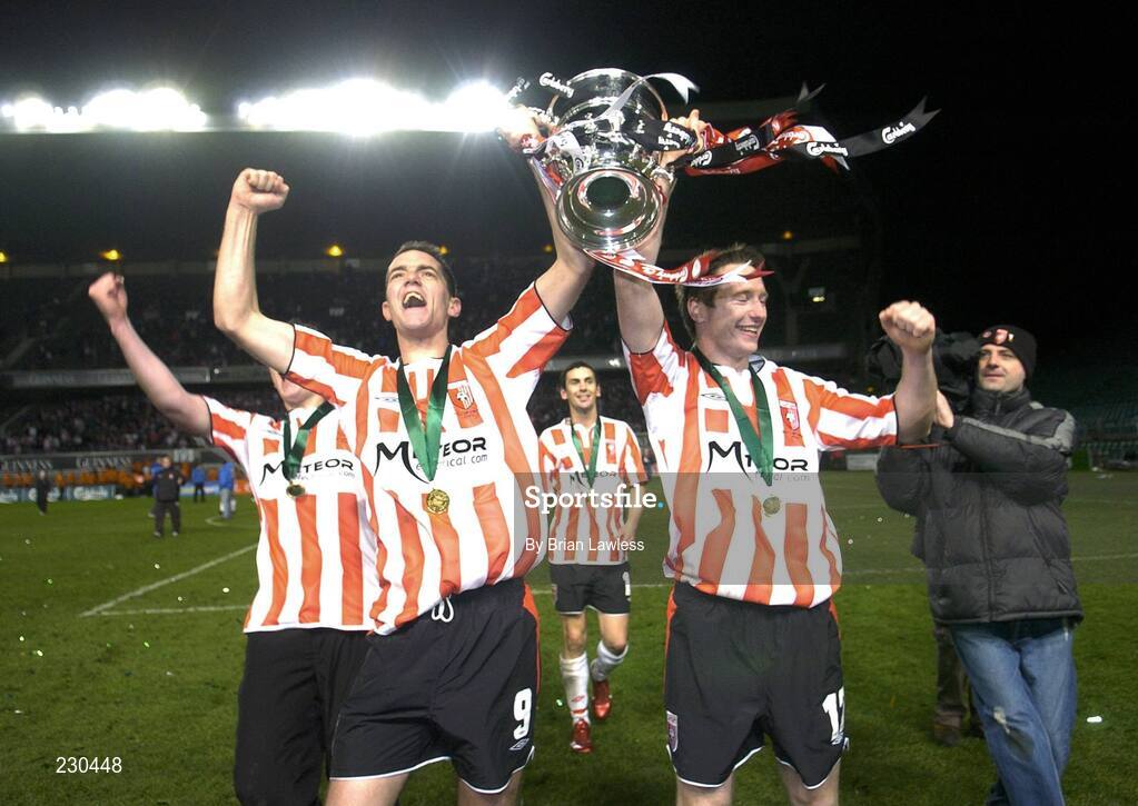 3 December 2006; Derry City's Gary Beckett, left, and Barry Molloy, celebrate with the cup. FAI Carlsberg Senior Challenge Cup Final, Derry City v St Patrick's Athletic, Lansdowne Road, Dublin. Picture credit: Brian Lawless / SPORTSFILE