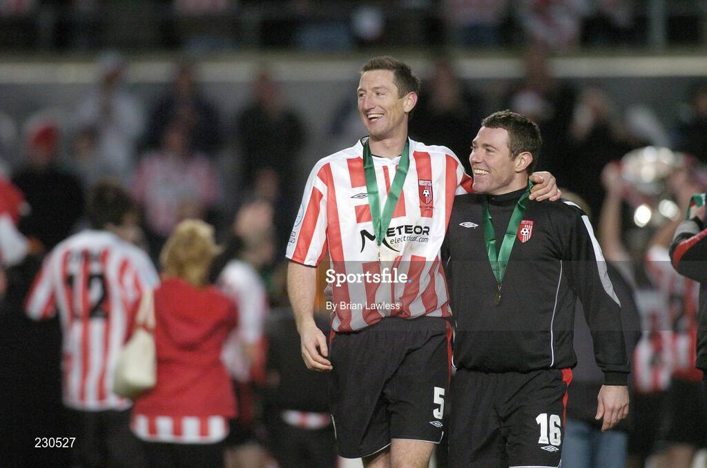 3 December 2006; Derry City's Clive Delaney, left, and Patrick Jennings celebrate after the match. FAI Carlsberg Senior Challenge Cup Final, Derry City v St Patrick's Athletic, Lansdowne Road, Dublin. Picture credit: Brian Lawless / SPORTSFILE