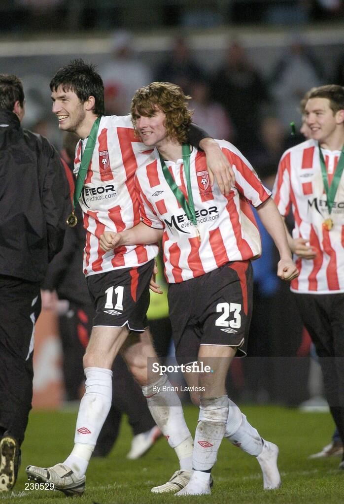 3 December 2006; Derry City's Killian Brennan, left, and Patrick McCourt celebrate after the match. FAI Carlsberg Senior Challenge Cup Final, Derry City v St Patrick's Athletic, Lansdowne Road, Dublin. Picture credit: Brian Lawless / SPORTSFILE