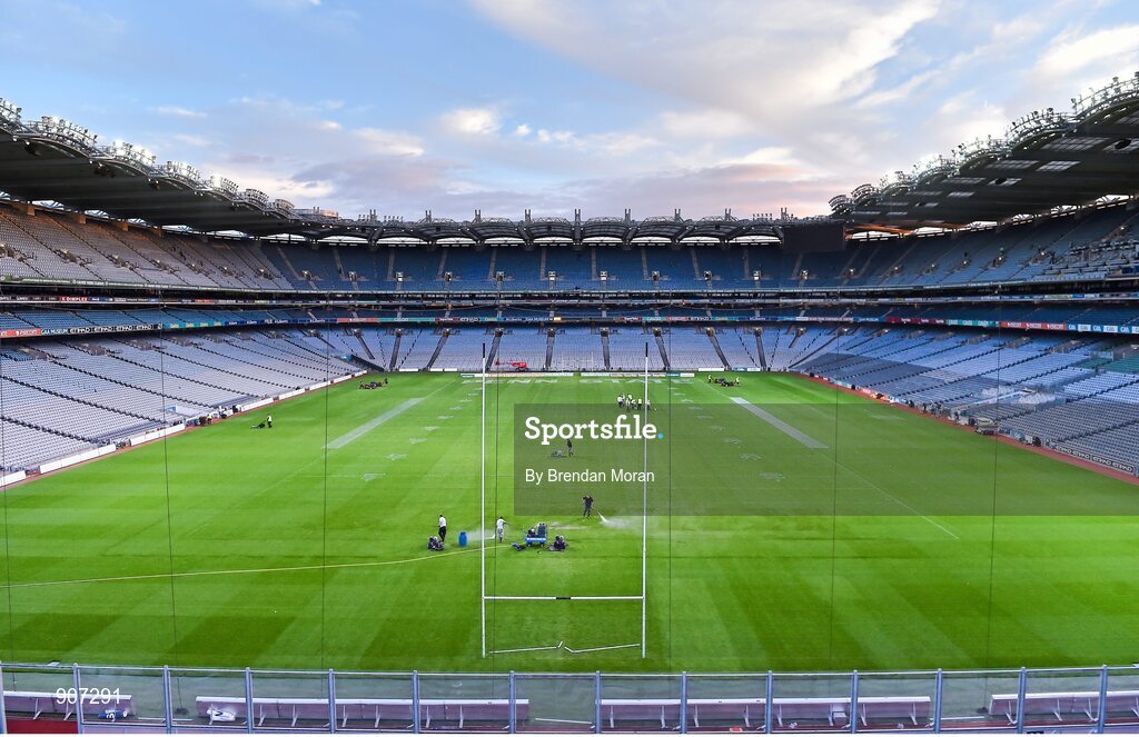 30 August 2014; Croke Park groundstaff prepare the pitch after the Croke Park Classic College American Football game . GAA Football All Ireland Senior Championship, Semi-Final, Dublin v Donegal, Croke Park, Dublin. Picture credit: Brendan Moran / SPORTSFILE