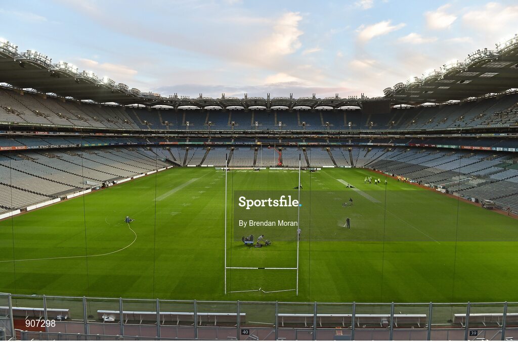 30 August 2014; Croke Park groundstaff prepare the pitch after the Croke Park Classic College American Football game . GAA Football All Ireland Senior Championship, Semi-Final, Dublin v Donegal, Croke Park, Dublin. Picture credit: Brendan Moran / SPORTSFILE