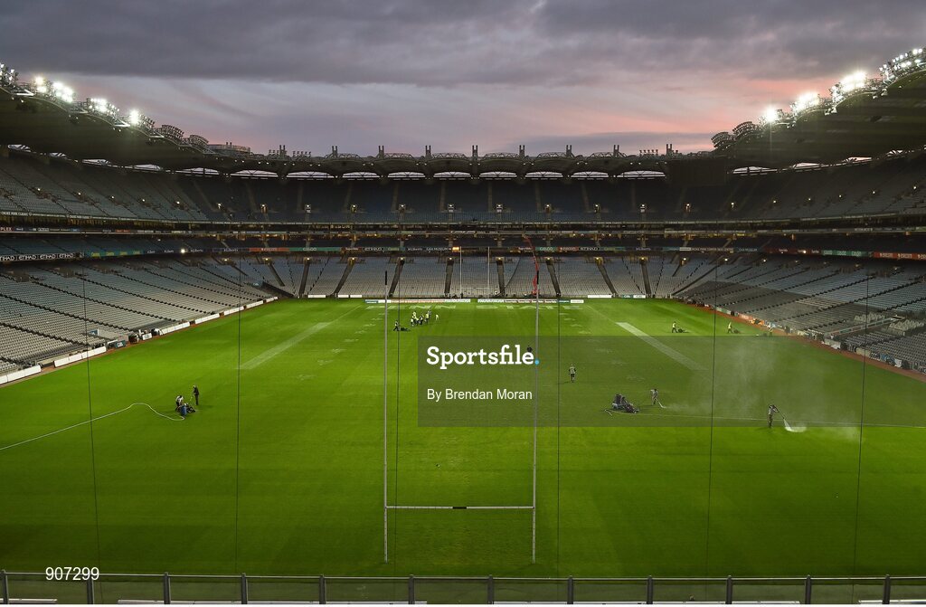 30 August 2014; Croke Park groundstaff prepare the pitch after the Croke Park Classic College American Football game . GAA Football All Ireland Senior Championship, Semi-Final, Dublin v Donegal, Croke Park, Dublin. Picture credit: Brendan Moran / SPORTSFILE