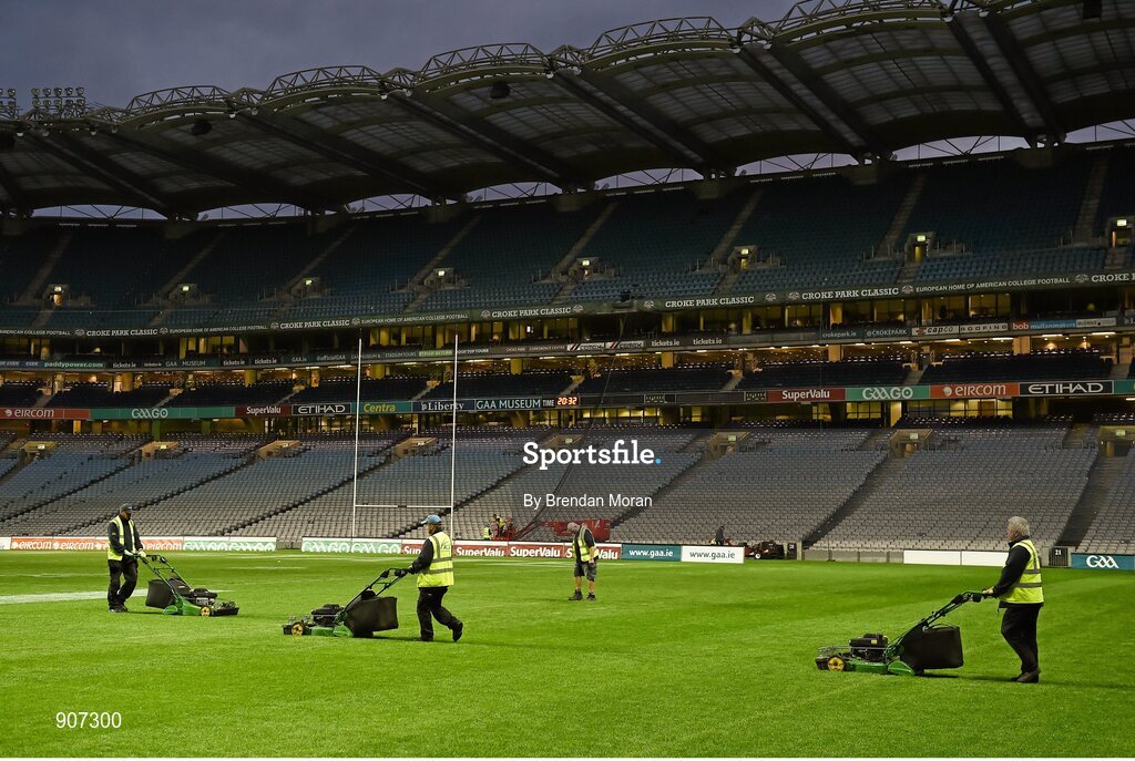 30 August 2014; Croke Park groundstaff prepare the pitch after the Croke Park Classic College American Football game . GAA Football All Ireland Senior Championship, Semi-Final, Dublin v Donegal, Croke Park, Dublin. Picture credit: Brendan Moran / SPORTSFILE