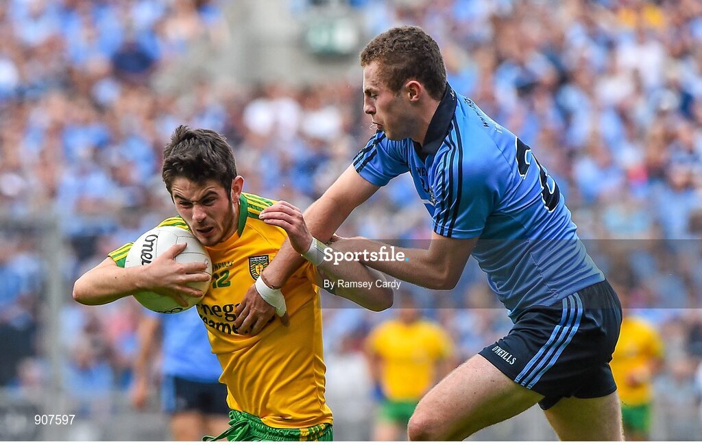 31 August 2014; Ryan McHugh, Donegal, in action against Jack McCaffrey, Dublin. GAA Football All Ireland Senior Championship, Semi-Final, Dublin v Donegal, Croke Park, Dublin. Picture credit: Ramsey Cardy / SPORTSFILE