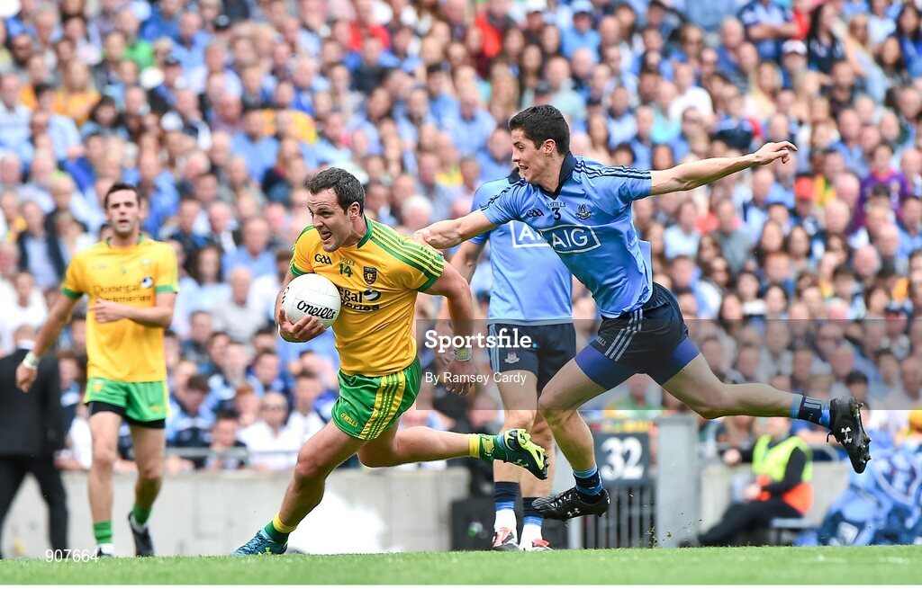 31 August 2014; Michael Murphy, Donegal, in action against  Rory O'Carroll, Dublin. GAA Football All Ireland Senior Championship, Semi-Final, Dublin v Donegal, Croke Park, Dublin. Picture credit: Ramsey Cardy / SPORTSFILE