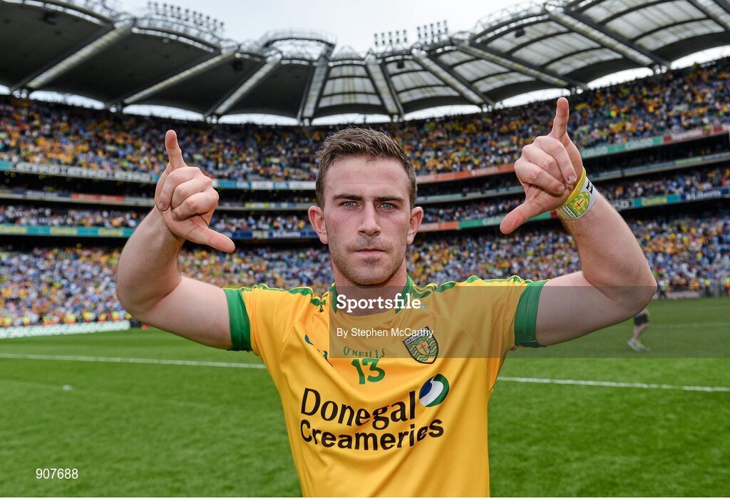 31 August 2014; Patrick McBrearty, Donegal, celebrates his side's victory. GAA Football All Ireland Senior Championship, Semi-Final, Dublin v Donegal, Croke Park, Dublin. Picture credit: Stephen McCarthy / SPORTSFILE