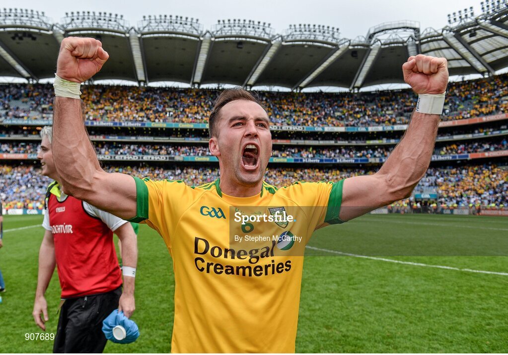 31 August 2014; Karl Lacey, Donegal, celebrates his side's victory. GAA Football All Ireland Senior Championship, Semi-Final, Dublin v Donegal, Croke Park, Dublin. Picture credit: Stephen McCarthy / SPORTSFILE