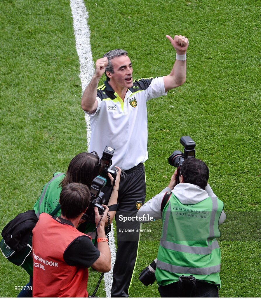 31 August 2014; Donegal manager Jim McGuinness celebrates after the game. GAA Football All Ireland Senior Championship, Semi-Final, Dublin v Donegal, Croke Park, Dublin. Picture credit: Dáire Brennan / SPORTSFILE
