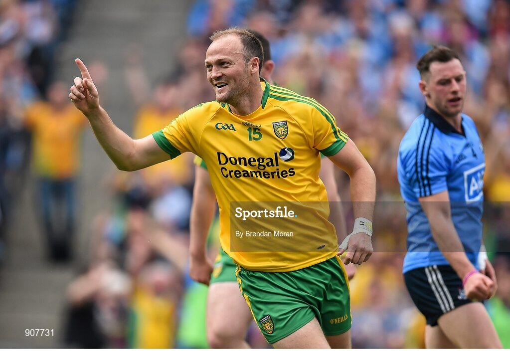 31 August 2014; Colm McFadden, Donegal, celebrates after scoring his side's third goal of the game. GAA Football All Ireland Senior Championship, Semi-Final, Dublin v Donegal, Croke Park, Dublin. Picture credit: Brendan Moran / SPORTSFILE