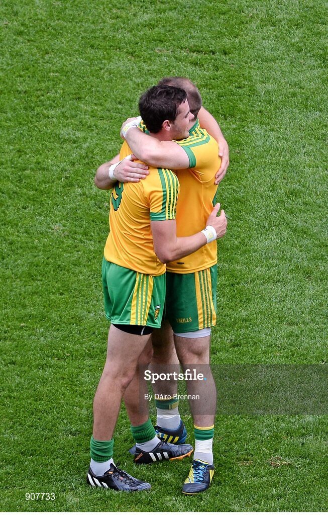 31 August 2014; Odhrán Mac Niallas, left, and Dermot Molloy, Donegal, celebrate after the game. GAA Football All Ireland Senior Championship, Semi-Final, Dublin v Donegal, Croke Park, Dublin. Picture credit: Dáire Brennan / SPORTSFILE