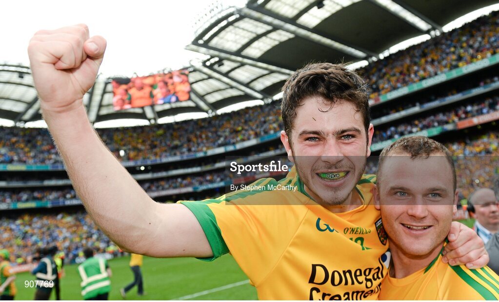 31 August 2014; Ryan McHugh, left, and Neil McGee, Donegal, celebrate their side's victory. GAA Football All Ireland Senior Championship, Semi-Final, Dublin v Donegal, Croke Park, Dublin. Picture credit: Stephen McCarthy / SPORTSFILE