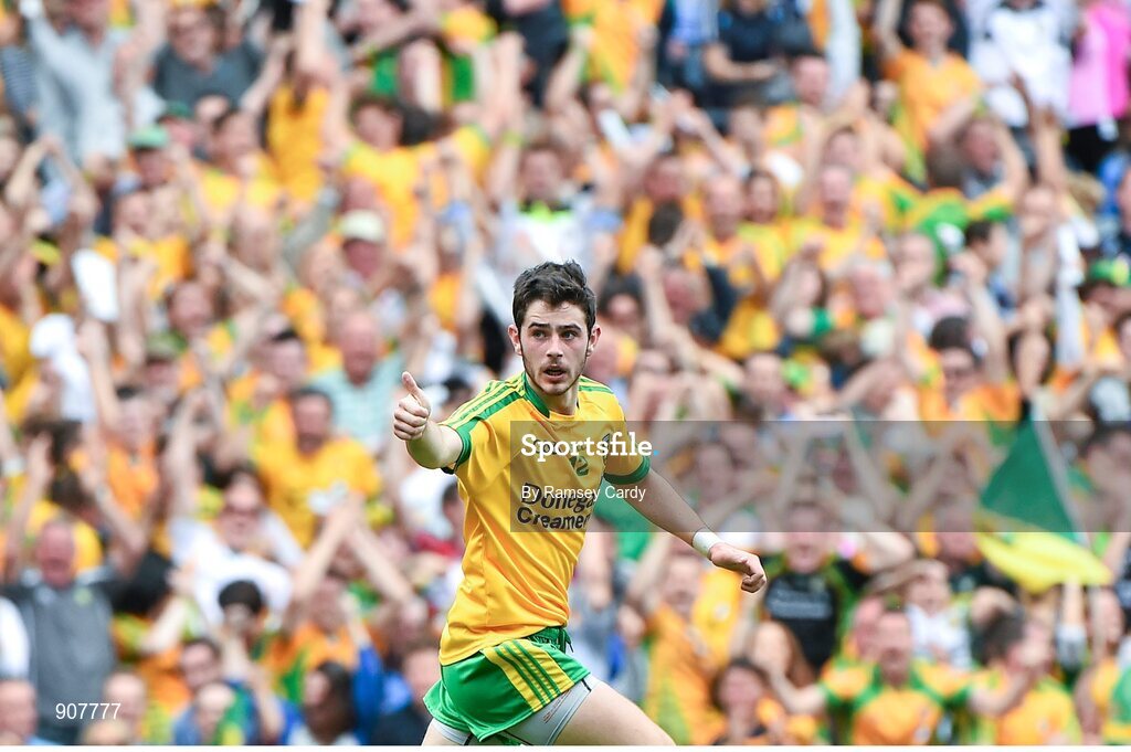 31 August 2014; Donegal's Ryan McHugh celebrates after scoring his side's first goal of the game. GAA Football All Ireland Senior Championship, Semi-Final, Dublin v Donegal, Croke Park, Dublin. Picture credit: Ramsey Cardy / SPORTSFILE
