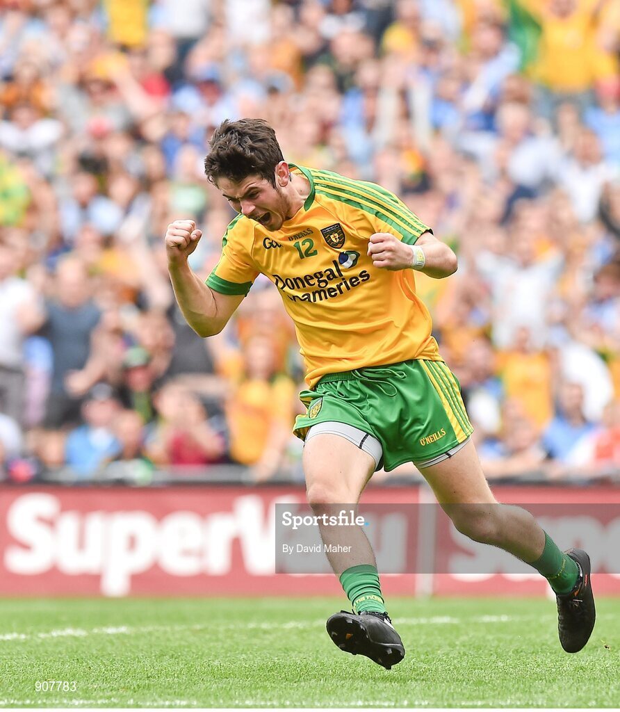 31 August 2014; Ryan McHugh, Donegal, celebrates after scoring his side's first goal. GAA Football All Ireland Senior Championship, Semi-Final, Dublin v Donegal, Croke Park, Dublin. Picture credit: David Maher / SPORTSFILE