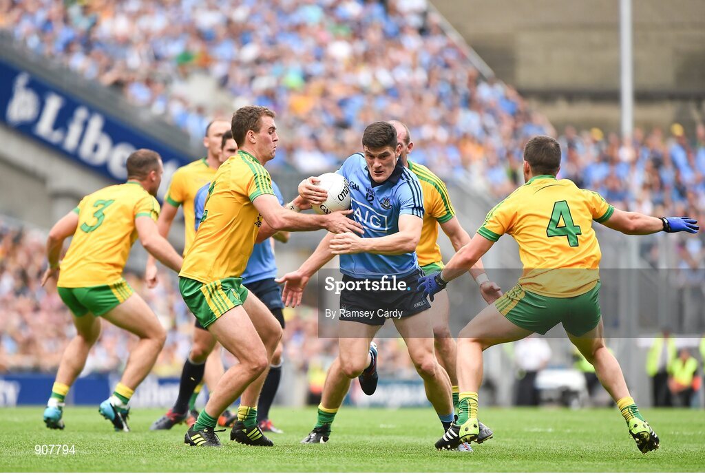 31 August 2014; Diarmuid Connolly, Dublin, in action against Eamonn McGee, left, and Paddy McGrath, Donegal. GAA Football All Ireland Senior Championship, Semi-Final, Dublin v Donegal, Croke Park, Dublin. Picture credit: Ramsey Cardy / SPORTSFILE