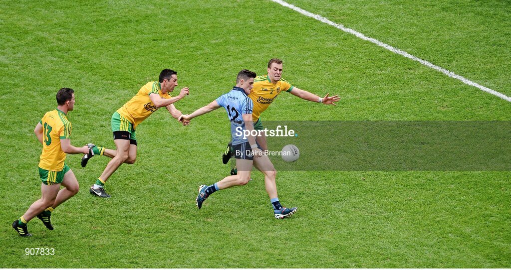 31 August 2014; Diarmuid Connolly, Dublin, in action against Donegal players, left to right, Patrick McBrearty, Rory Kavanagh, and Éamonn McGee. GAA Football All Ireland Senior Championship, Semi-Final, Dublin v Donegal, Croke Park, Dublin. Picture credit: Dáire Brennan / SPORTSFILE